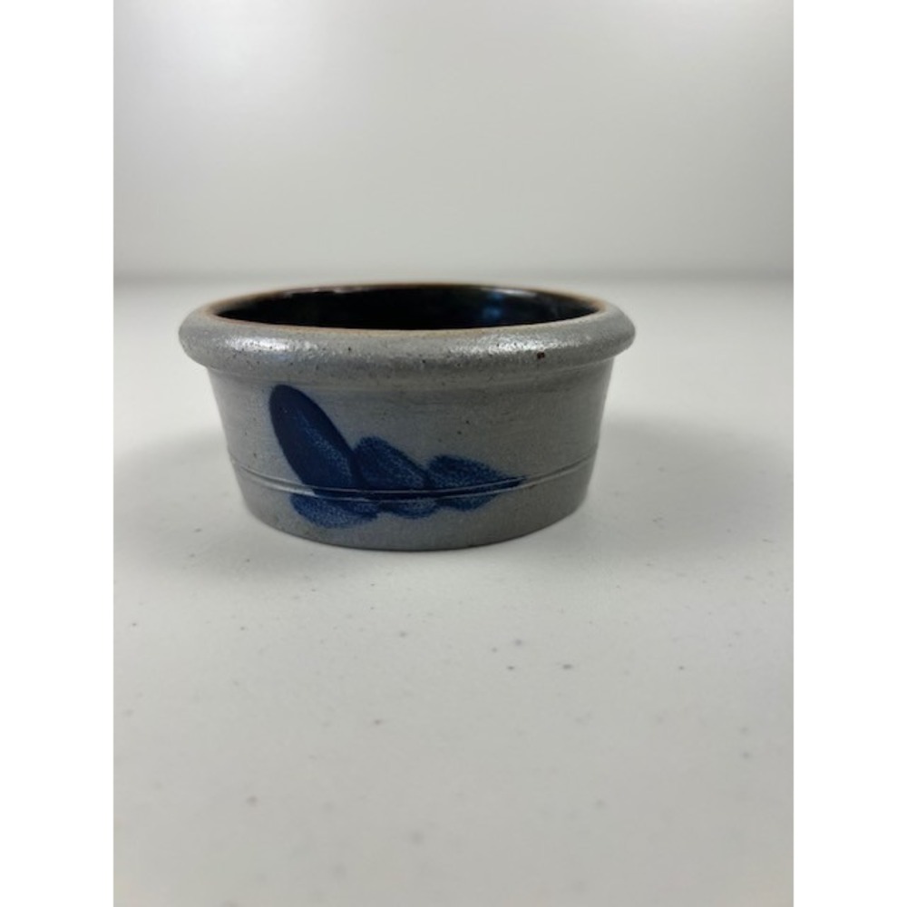 Rowe Pottery Works Salt Glaze Stoneware Blue Leaf Ramekin Small Crock Grey 3.75"